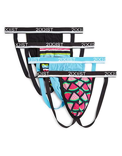 2(X)IST mens Cotton Stretch 4-pack Jock Strap, Aquarius/Pool Side Stripe/Black Watermelon Geo, Medium US