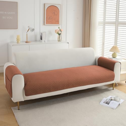 Image of HOKIPO Quilted 1 Seater Sofa Cover Set, One Seat Mat with Two Armrest Covers with Pockets, Brown (IN-716+IN-787-BR*2)