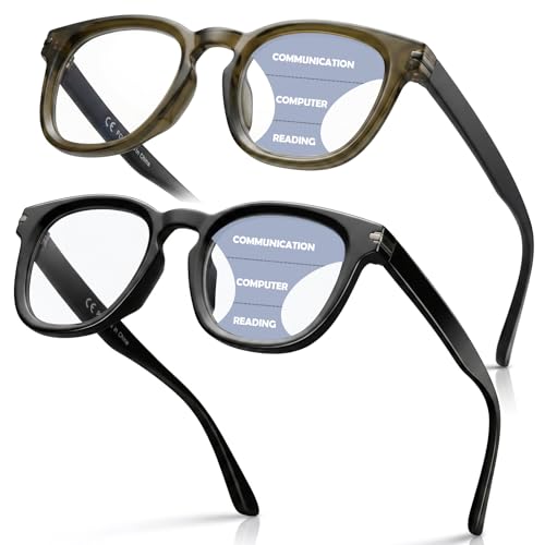 Missfive 2-Pack Retro Thick Progressive Multifocus Reading Glasses Men Stronger 5-Barrel Metal Hinge Multifocal Computer Readers No-Line Anti-blue Trifocal Eyeglasses for Middle-Near Range 2.5x