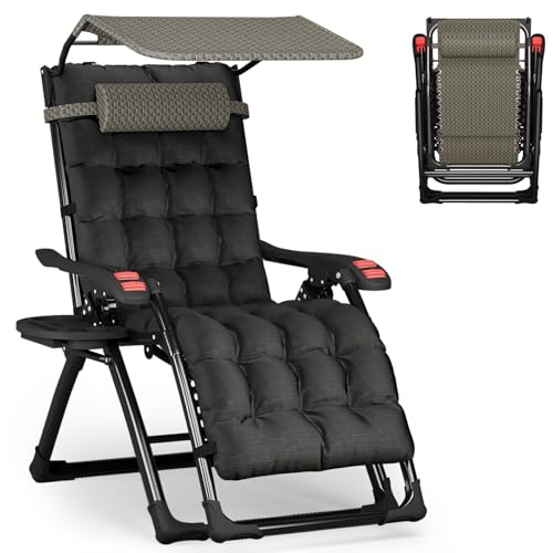 Zero Gravity Chair with Canopy Shade, Patio Folding Lounge Recliners, Anti Gravity Chair Lawn Patio with Cup Holder Accessory for Garden Beach Camping