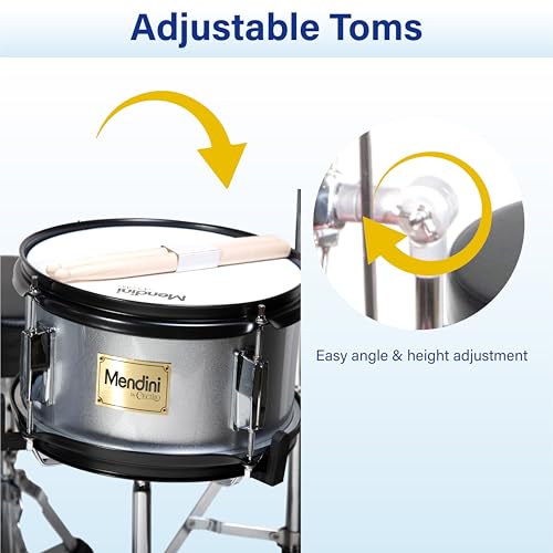 Image of Mendini by Cecilio 16 inch 5-Piece Complete Kids /Junior Drum Set with Adjustable Throne, Cymbal, Pedal & Drumsticks, Metallic Silver, MJDS-5-SR