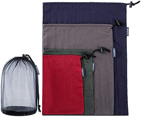 EXERMIL Nylon Stuff Sack Set 5-Piece (1.4L/2.7L/3L/7.5L/15L); Drawstring Storage Sack; Mesh Bags; Ditty Bags Small M Large XL for Organization Travel Camping Backpacking Down Jacket; Assorted Colors