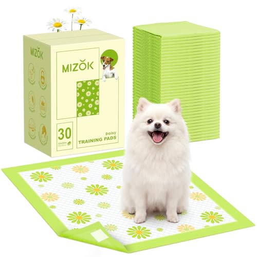 Image of MIZOK Puppy Pads 22 inchx22 inch, Dog Pee Pads 6-Layer Super Absorbent & Leak-Proof, Daisy Pattern, 4-Corner Adhesive Tabs, Wee Wee Pads for Puppies & Small Dog Breeds, Regular Size (30 Counts)