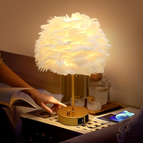 ZYLEIESENBAO Chic White Feather Lamp with USB Charging Port Modern