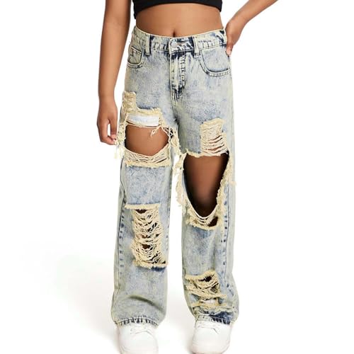 Girl's Distressed Jeans Elastic High Waist Wide Straight Leg Y2k Ripped Baggy Denim Pants Summer Trousers Streetwear 6-13T4