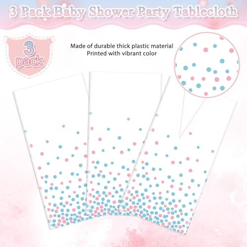 Image of 3Pack White and Pink Blue Plastic Tablecloth, White Disposable Table Cloth for Rectangle Tables, Pink Blue Stamping Dot White Tablecloth for Gender Reveal Baby Shower Birthday Party Supplies, 54 inchx108 inch