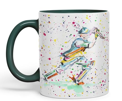 Vixar Cricket Sport Sportsmen Watercolour Ceramic Coloured Mug Cup for Tea Coffee Hot Brew 330ml 11Oz Gift (D Green)