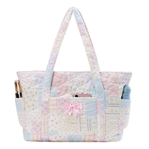 YoriBerry Tote Bag for Women, Quilted Floral Tote Bag with Zipper, Patchwork Quilted Cotton Shoulder Bag for Women, Lightweight Multicolor Floral bag for College, Travel, Daily