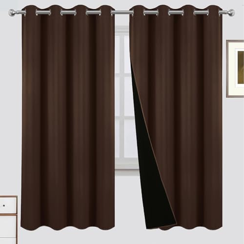LEMOMO 100% Blackout Curtains 52 x 72 Inch Chocolate Brown Curtains 2 Panels Darkening Thermal Insulated Bedroom Curtains