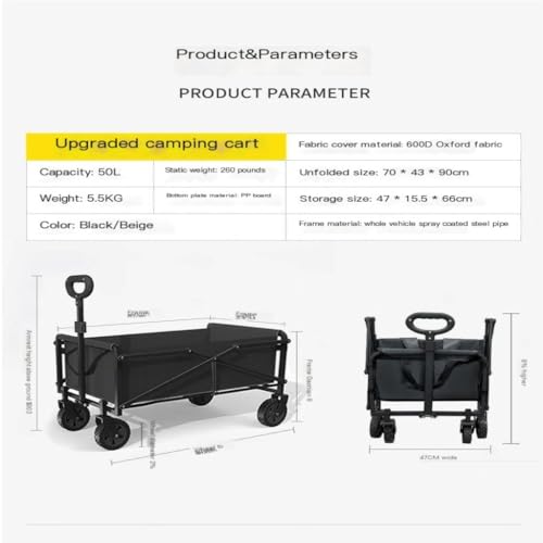 CHEMYO Strandtrolley, Campingwagen, zusammenklappbarer mobiler Wagen, Einkaufswagen für Outdoor-Camping, Picknickwagen, tragbarer Anhänger, Campingwagen, Trolley-Wagen (schwarz) – Bild 4