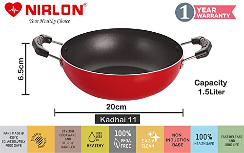 Image of Nirlon Non-Stick Aluminium Kitchen Cookware Set, 4-Pieces, Red (Fry Pan|Kadhai|Casserole|1 Glass Lid)-32mm FP10 KD11 CS12 1GLID
