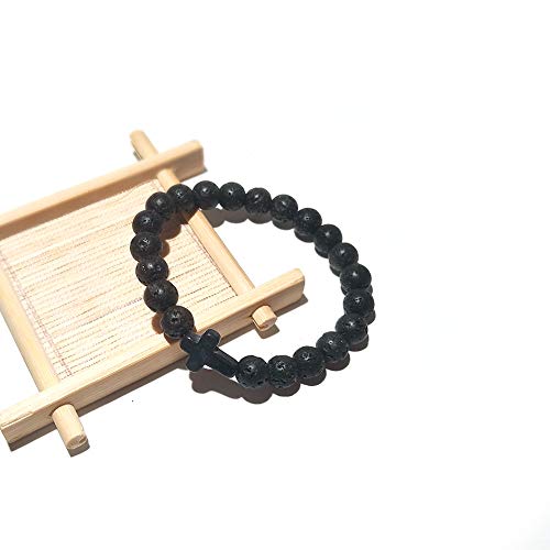 Caiyao 8MM Ornament Lava Volcanic Stone Beads Turquoise Cross Elastic Stretch Bracelet Religion Bangle for Women Men2