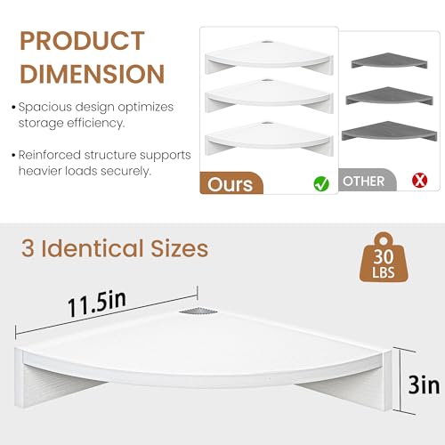 Image of Fun Memories Corner Shelf Wall Mount, Wood Floating Corner Shelves, Corner Wall Shelf for Bedroom, Bathroom, Kitchen, Living Room (White, 3 Pack)