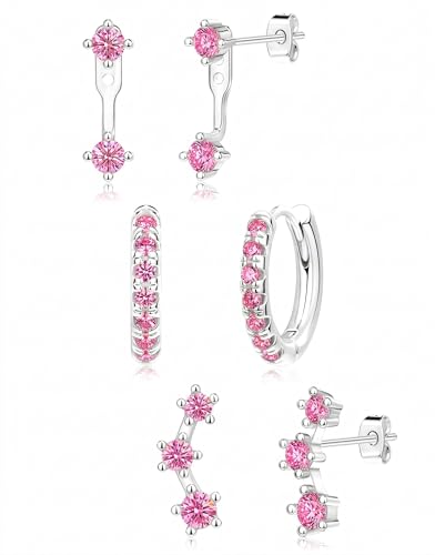 Silver Pink Earrings for Women Star Created Tourmaline October Birthstone Earrings Set Cute Jacket Stud Huggie Hoop Earring Stack for Multiple Piercing Trendy Jewelry Gifts