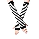 QGH 1 Pair Striped Arm Warmers – Fingerless Arm Sleeves with Thumb Hole – Black and White Punk Goth Long Gloves – Y2K EMO Costume Accessories – Unisex for Women and Men