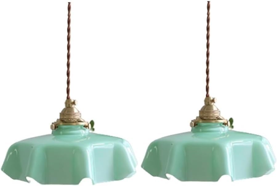 Retro francuski kremowy kształt kwiatu szklany wisiorek oprawy oświetleniowe 2 szt. kolorowa lampa klosz mosiężna lampa wisząca, do jadalni salonu (zielona)