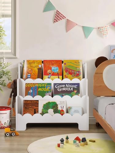 Tohiasen Kids Bookshelf Wooden 3-Tier, Scalloped Book Shelf for Kids Rooms, Front Facing Toddler Montessori Bookshelf, Baby Nursery Book Shelves Kids Classroom Bookshelf Bookcase (White)