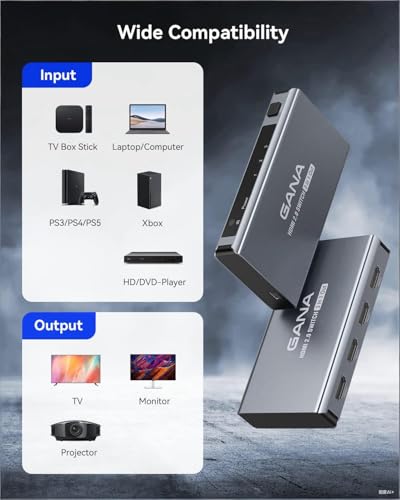 Image of HDMI Switch 5 in 1 Out 4K@60Hz, GANA HDMI Splitter Switcher with Remote, Aluminum HDMI 2.0 Switch Box Hub for 3D, HDCP2.2, HDR, Compatible with Xbox, PS5 /4 /3,Fire Stick,Roku,Blu-Ray Player, Black
