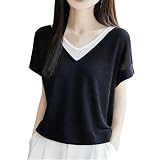 [GORQQCE] Tシャツ レディース 半袖 トップス Vネック ニットソー アイスシルク フェイクツーピース 薄手 配色 ストライプ ゆったり 着痩せ シンプル 韓国 ファッション 快適 普段着 春 夏