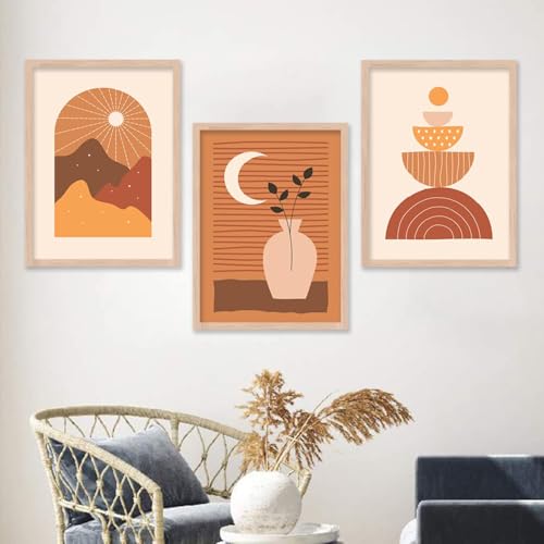 Image of kotart Modern Wall Art - Boho Framed Painting for Living Room, Bedroom - Big Size Set of 3 (Art 4, 19x25 inch)