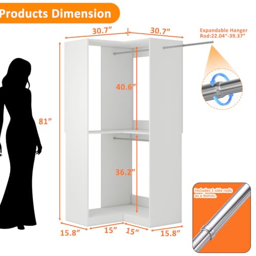 Image of Corner Closet System with Double Hanging Rods, 81 inch Tall Corner Closet Organizer Tower, Wooden Walk in Corner Closet Cabinet with Side Rod, White