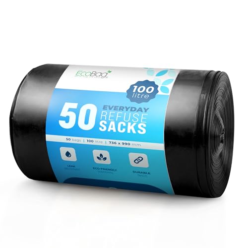 Eco Bag 50 Heavy Duty Bin Liner Refuse Sacks - 100L Black, 736mm x 990mm, 48