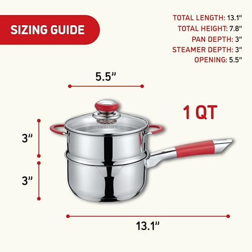 Concord Stainless Steel SIMPLE POUR Saucepan with Steamer Tier. Vented Glass Lid. Features Dual Pouring Spouts and Volume Marking on pot. Perfect for making Sauces, Jam, Ramen, and more (1 Quart)