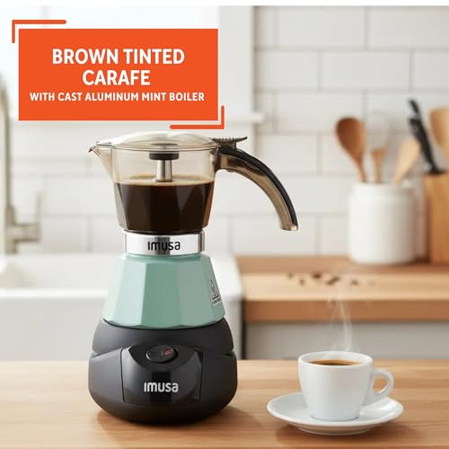 Image of IMUSA 3 or 2 Cup Electric Mint Espresso Maker, Compact Moka Coffee Machine with Keep Warm Function, Detachable Base, Cuban & Italian Coffee Brewer, Mint & Black