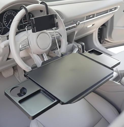 CASASARA 2-in-1 Car Steering Wheel Tray & Car Desk for Laptop with Phone Holder Height Adjustable Steering Wheel Desk Car Laptop Desk & Food Tray Car Table Tray Fits Cars SUVs & Trucks