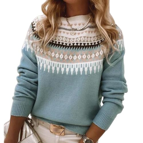 Norweger Pullover Damen Kaschmir Winterpullover Sweatshirt Elegant Rundhals Strickpullover Warm Winterpullover mit Aufdruck Sweater Mode Winter...
