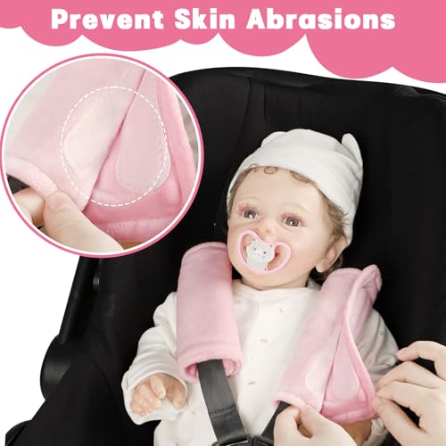 Image of GFU Car Seat Strap Pads for Baby, Soft Shoulder Pads for Comfort, Reversible Seatbelt Covers for Kids, Perfect for Baby Car Seat, Stroller, Swing, High Chair, Size: 6.5 x 6.5 inch, Pink