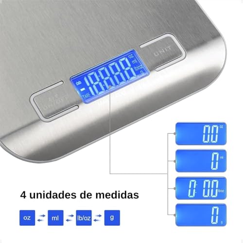 Balança Digital de Cozinha Inox 10Kg – Alta Precisão 1g, Resistente à Água, Base Antiderrapante, Vis