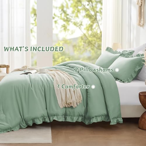 Image of FUANNA Full Size Comforter Sets Sage Green, 3 Pieces Ruffle Full Size Bedding Sets, Fluffy Bed in a Bag Full for All Seasons, Shabby Chic Full Bed Set with 1 Lightweight Comforter & 2 Pillowshams