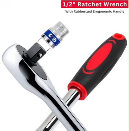 Image of Ratchet Spanner Socket Set 12 In 1 Drive Mechanics Tool Kit Chrome Vanadium Steel with 6 Point Sockets Quick Release Reversible Ratchet Handle Heavy Duty Hand Tool Kit