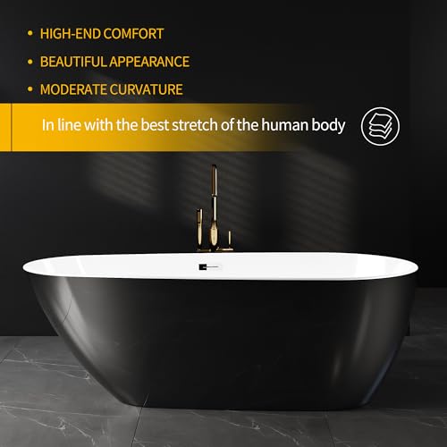 Image of 59 Inch Acrylic Freestanding Bathtub, Pearl Shape Deep Soaking Tub, White Interior Black Exterior, Chrome Pop-Up Drain and Overflow, Modern Stand Alone Bath Tub for Apartment, Home