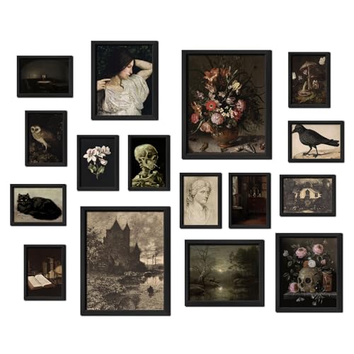 ANERZA 16 PCS Framed Dark Academia Room Decor, Gothic Home Decor, Moody Wall Art Prints for Bedroom, Gallery Wall Frame Set, Witchy Posters for Living Room Aesthetic, Halloween Dorm Collage Kit