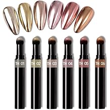 Rose Gold Chrome Nail Powder Pen,RoseFlower 6 pcs Metallic Nail Art Pigment Powder Pen Set, Shiny Nail Glitter Powder Air Cushion Pen with Magic Mirror Effect for Nail Art Design Decoration