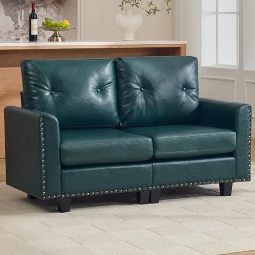 Image of 47.2 inch Faux Leather Modular Sectional Loveseat Couch, Vintage PU Leather 2 Seater Sofa with Nailhead Trim, Mid Century Modern Tufted Love seat Couches for Living Room, Bedroom, Office, Forest Green