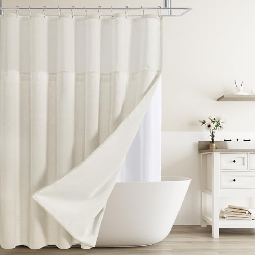 Naturoom Linen Shower Curtain 80 Inches for Bathroom Beige Double Layer