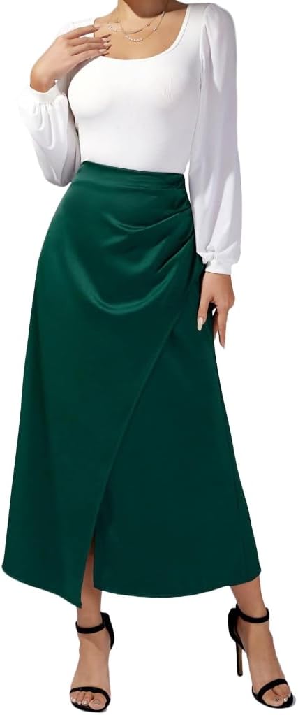 Lily Brown Women's Satins Maxi Skirt High Waist Side Slit Wrap Pencil Long Skirts Casual Slim Ruched Bodycon Skirt with Zip Back Dark Green