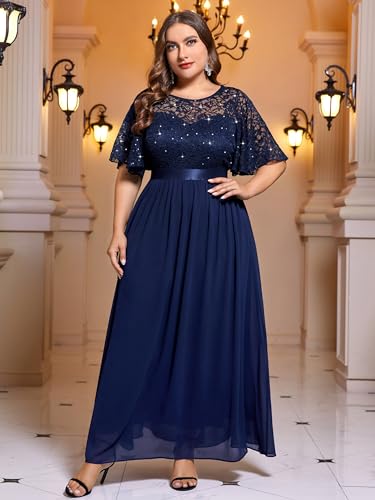 Miusol Women's Plus Size Sequin Lace Round Neck Butterfly Sleeves Formal Evening Maxi Dress4
