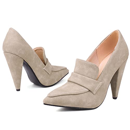 LEHOOR Women High Cone Heel Loafers Pointed Toe Suede Loafer Pumps 4 inch Chunky Heels Slip On Oxford Loafers Shoes Heeled Closed Toe Office Ladies Dress Heels Classic Comfort 4-10 M US