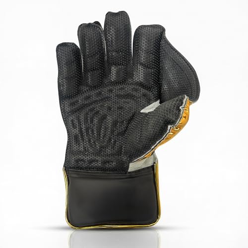 Image of Heega Intense Black PU Leather Cricket Wicket Keeping Gloves Suitable for Professional Players | Durable Construction, Superior Grip, High-Density Finger Protection (Men)