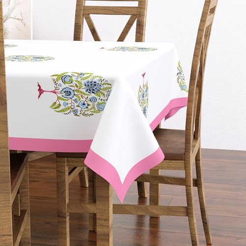 Image of BLOCKS OF INDIA Hand Block /Batik Print Rectangular Table Cloth for 6 Seater Dining Table (60 Inch X 90 Inch)(Pink Tree of Life)