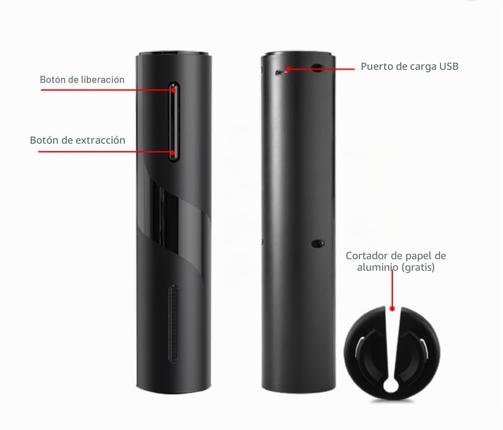 Sacacorchos Eléctrico Recargable, Abrebotellas Automático Inalámbrico, Abridor de Vino Automático Profesional con Cortacápsulas y Cable USB, Regalo para Amantes del Vino, Negro