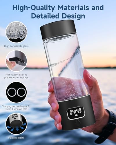 Image of Hydrogen Water Bottle - Portable, Rechargeable, LED Timer, Aluminum and Glass, 5000 PPB Hydrogen in 10 Minutes, 340ml Capacity, for Husband, Friend & Family, for Travel, Sports, Home, Office(Black)