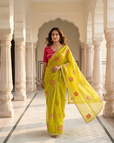 Image of Handcrafted Floral Embroidered Saree with Contrast Blouse