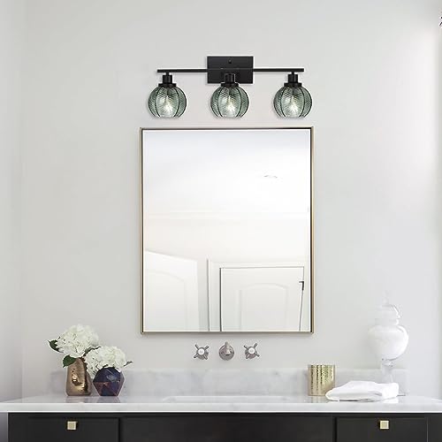 Image of 3-Light Bathroom Light Fixture Green Wall Lights with Ribbed Glass Shade Black Vanity Light Over Mirror Mid Century Wall Sconce for Bedside Bedroom Living Room
