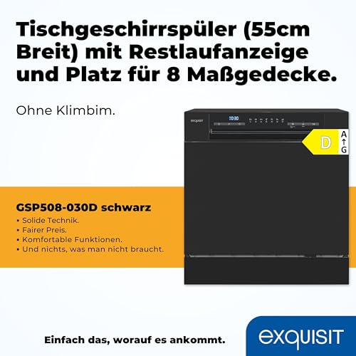 Exquisit Tischgeschirrspüler GSP508-030D schwarz | Spülmaschine 55 cm freistehend | Kleiner Geschirrspüler 8 Maßgedecke | Tischspülmaschine LED Display