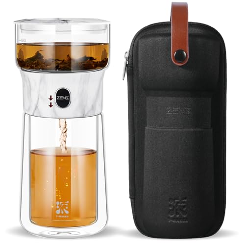 Image of ZENS Modern One Touch Tea Maker, Glass Teapot with Infuser for Loose Leaf Tea Diffusers, Mess-Free Smart Pouring with Insulated Mug and Portable Tea Kits for Tea Lover Gifts